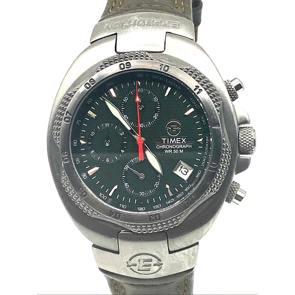 Vintage Timex Expedition Chronograph Green Dial Steel Watch